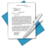 Clipboard with typed document and pen on blue diamond background