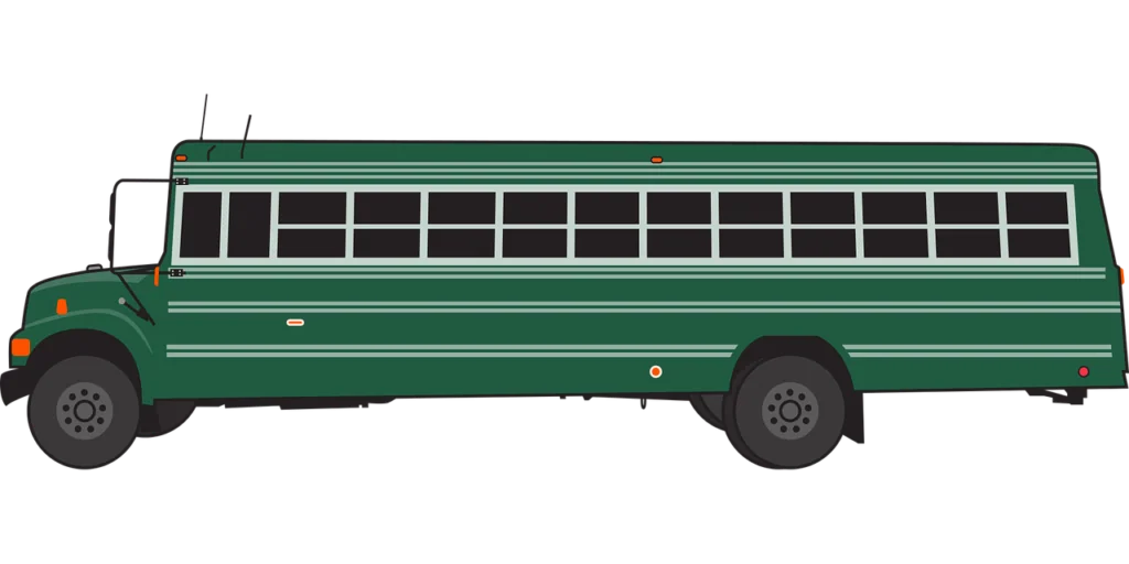 Green passenger bus with dark windows and black tires, viewed from the side