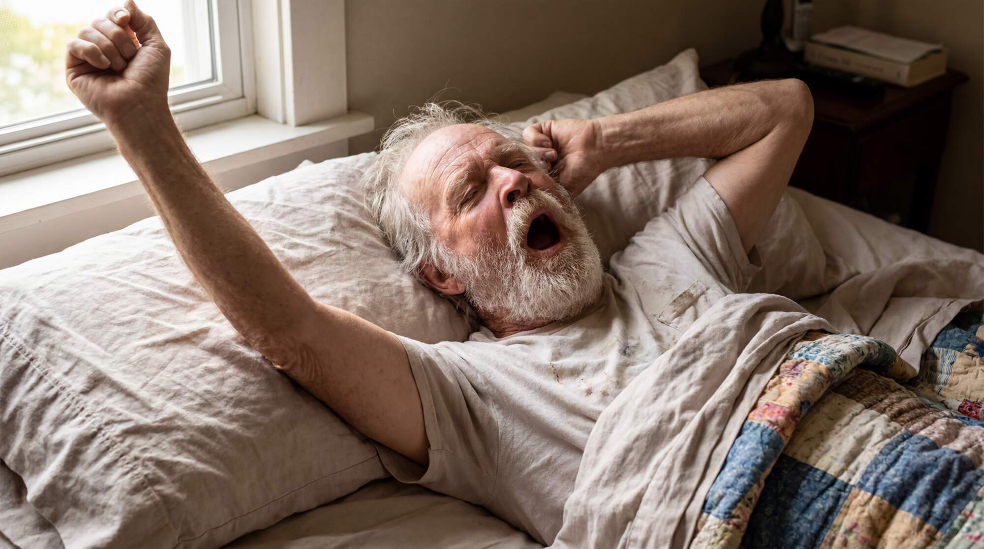 Older man with gray beard yawning and stretching in bed with one arm raised above his head